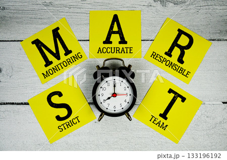 SMART Strict Monitoring Accurate Responsible Team with alarm clock on wooden background SMART Strict Monitoring Accurate Responsible Team with alarm clock on wooden background 133196192