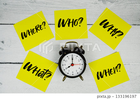 What?, Where?, Who?, Why?, When? with alarm clock on wooden background 133196197