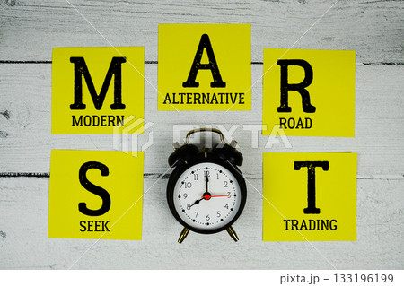 SMART Seek Modern Alternative Road Trading with alarm clock on wooden background 133196199