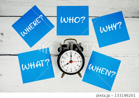What?, Where?, Who?, Why?, When? with alarm clock on wooden background What?, Where?, Who?, Why?, When? with alarm clock on wooden background 133196201