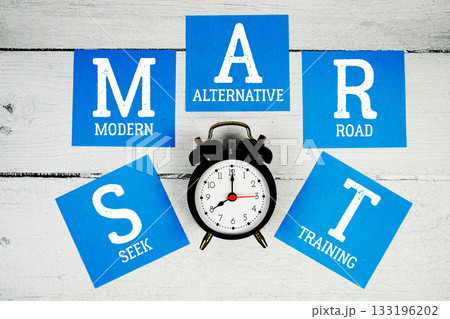 SMART Seek Modern Advanced Road Training with alarm clock on wooden background 133196202