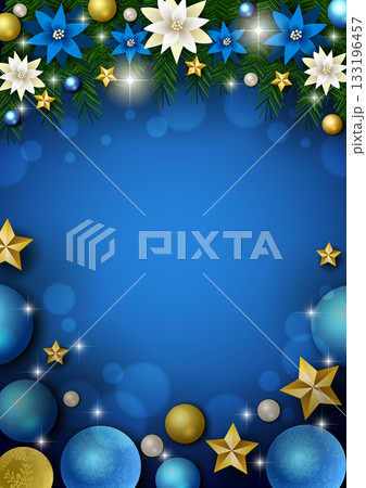 クリスマス背景、ボール、青、ポインセチア、モミの木、かわいい、イラスト、縦 133196457