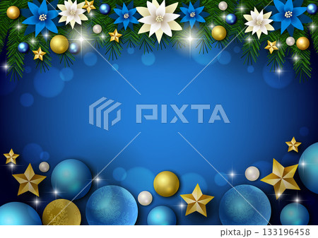 クリスマス背景、ボール、青、ポインセチア、モミの木、かわいい、イラスト、横 133196458