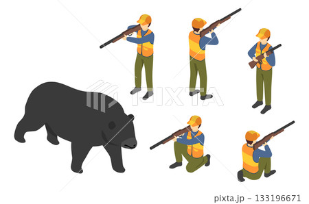 アイソメトリックイラスト：猟友会の猟師と熊 133196671