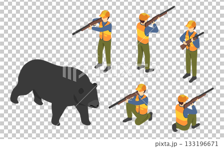 アイソメトリックイラスト：猟友会の猟師と熊 133196671