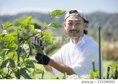 畑で野菜を収穫する愛でる男性　農家や農業で働くする人のイメージ　笑顔のクローズアップカメラ目線 133196882