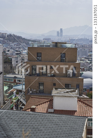 Smog and yellow dust pollution covering cityscape of Seoul capital of South Korea 133197051