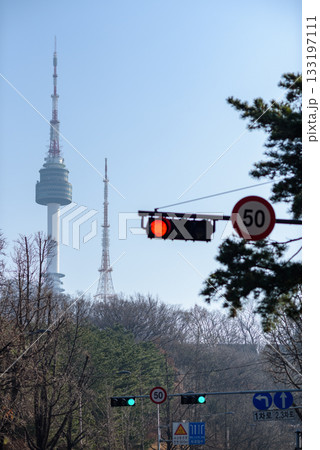 Namsan Seoul broadcasting and observatory tower on Namsan hill in Seoul, South Korea 133197111