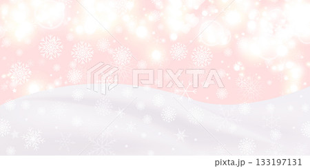 Vector illustration of winter landscape with snow hills and snowflakes on soft pink background. Perfect for holiday greeting cards, banners and seasonal winter desig 133197131