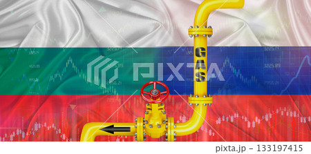 Gas pipeline with Russian and Bulgarian flag. Production and export of Russian gas to Bulgaria Gas pipeline with Russian and Bulgarian flag. Production and export of Russian gas to Bulgaria 133197415