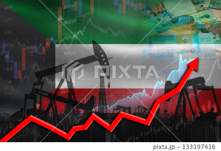 Oil production with Kuwaiti flag, petrol industry. Oil pumps with Kuwaiti flag 133197416