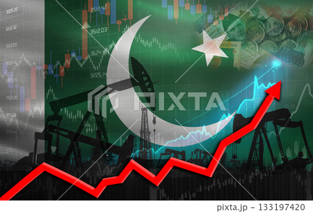 Oil production with Pakistan flag, petrol industry. Oil pumps with Pakistani flag Oil production with Pakistan flag, petrol industry. Oil pumps with Pakistani flag 133197420