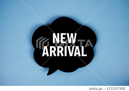 New Arrival text with speech bubble top view on blue background New Arrival text with speech bubble top view on blue background 133197492