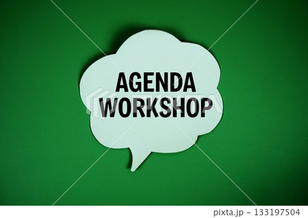 Agenda Workshop text with speech bubble top view on green background 133197504