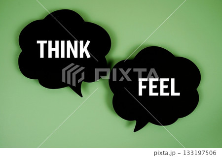 Think or Feel text with speech bubble top view on green background 133197506