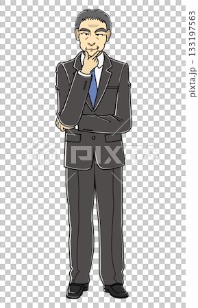 A middle-aged man in a suit standing with his hand on his chin and grinning A middle-aged man in a suit standing with his hand on his chin and grinning 133197563