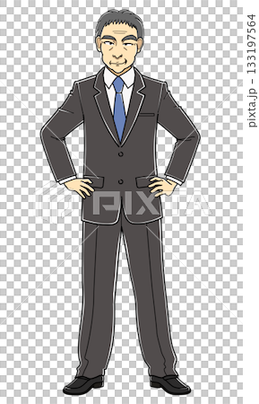 A middle-aged man in a suit standing with his hands on his hips and grinning 133197564