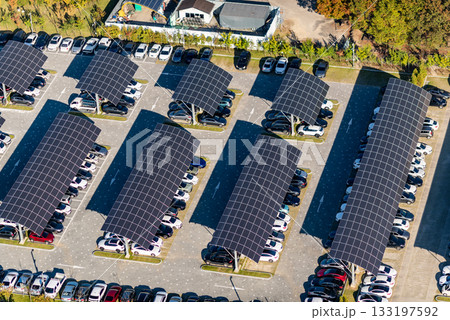 Aerial View of Solar Panel-Covered Parking Lot in Daejeon, South Korea 133197592