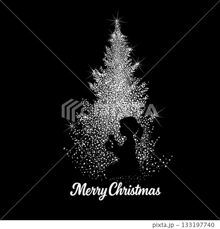 Silhouette of a girl decorating a Christmas tree. Merry Christmas postcard. hand drawing. Not AI, Vector illustrations. Silhouette of a girl decorating a Christmas tree. Merry Christmas postcard. hand drawing. Not AI, Vector illustrations. 133197740