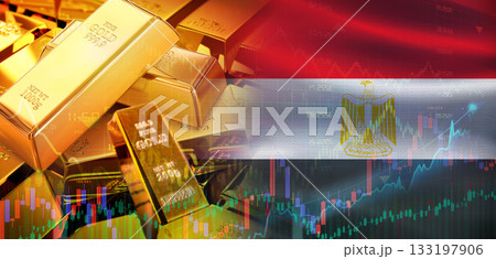 Gold bars stacked on Egyptian flag. Egypt gold reserves, Concept 133197906