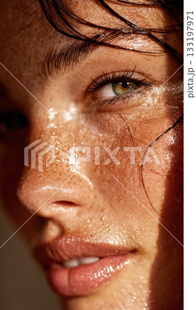 Woman's wet face with glistening sweat in sunlight 133197971