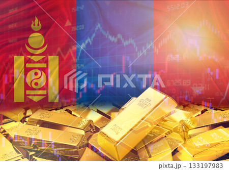 Gold bars on Mongolia flag in background. Gold bars stacked on Mongolian flag. Concept of Mongolia gold reserves 133197983