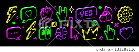 Pixel 3d isometric icon and sticker set. Y2k cyberpunk trendy vector illustration of heart cursor hand flower speech bubble in neon colors. 8 bit retro game style. Social media and chat elements. Pixel 3d isometric icon and sticker set. Y2k cyberpunk trendy vector illustration of heart cursor hand flower speech bubble in neon colors. 8 bit retro game style. Social media and chat elements. 133198110
