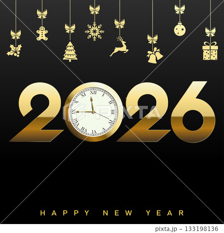 Luxury Happy New Year 2026 with clock and Christmas ornaments. Vector Luxury Happy New Year 2026 with clock and Christmas ornaments. Vector 133198136