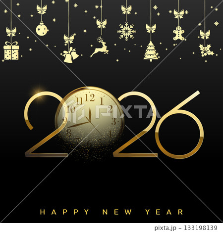 Luxury Happy New Year 2026 with clock and Christmas ornaments. Vector 133198139