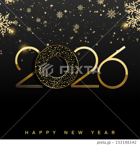 Luxury Happy New Year 2026 with gold snowflakes and glitter. Vector 133198142