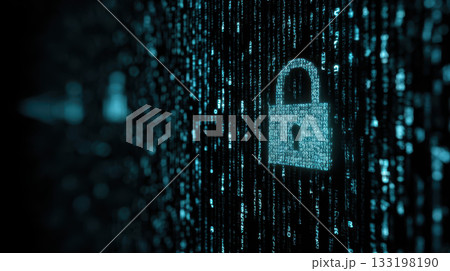Digital lock and shield icon on cyber security background with glowing binary code Digital lock and shield icon on cyber security background with glowing binary code 133198190