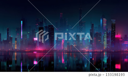 Futuristic cityscape neon lights colorful reflections night skyline urban modern architecture Futuristic cityscape neon lights colorful reflections night skyline urban modern architecture 133198193
