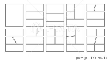 Comic book panels set. Manga collage blank template. Storyboard layout panel. Empty page line frame for photo collage. Comic book board mockup. Vector illustration isolated on white background 133198214