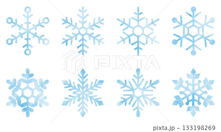 雪の結晶の手描きアイコンイラストセット 水彩 水色 133198269
