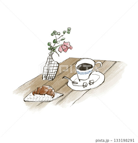 コーヒーとクロワッサン、お花のある食卓 コーヒーとクロワッサン、お花のある食卓 133198291