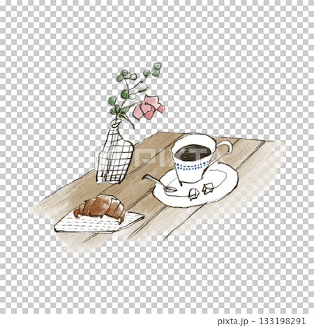 Coffee, croissants and flowers on the dining table Coffee, croissants and flowers on the dining table 133198291