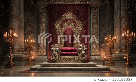 黄金装飾と深紅の布で彩られた壮麗な王宮の玉座 133198357