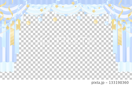 藍白條紋窗簾，飾以花環和飾品 133198360