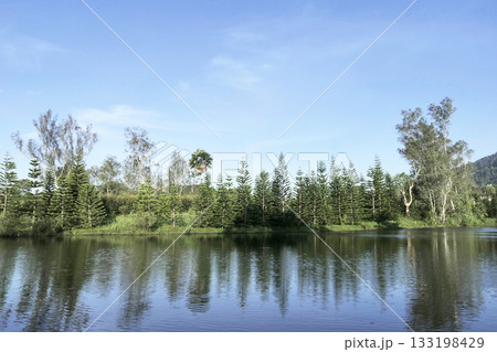 A lakeside setting surrounded by trees and reflected sky A lakeside setting surrounded by trees and reflected sky 133198429