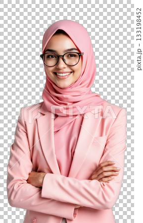Woman Hijab Pink. A young woman wearing a pink hijab and glasses, with a matching pink blazer, smiles kindly Woman Hijab Pink. A young woman wearing a pink hijab and glasses, with a matching pink blazer, smiles kindly 133198452