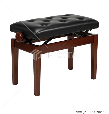 Adjustable piano bench with a black leather tufted seat and a polished wooden frame for music 133198457