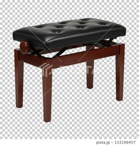 Adjustable piano bench with a black leather tufted seat and a polished wooden frame for music 133198457