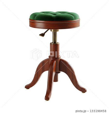 Vintage adjustable piano stool with a wooden frame and a tufted green velvet seat for musician 133198458