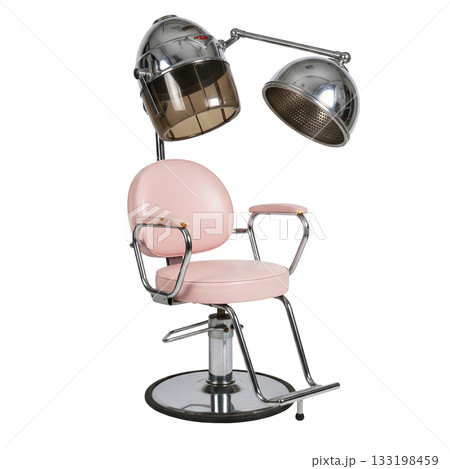 Vintage pink salon chair with a chrome hooded hair dryer a classic retro beauty parlor equipment 133198459