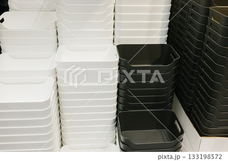 White and black stacked storage bins for home and office organization 133198572