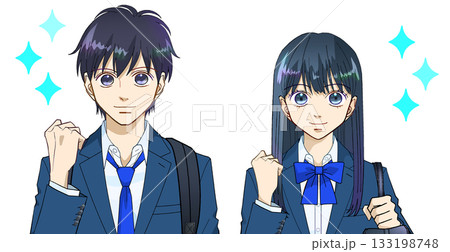 前向きな表情でリュックとスクールバッグを持つ高校生または中学生の男女のアニメ風イラスト、白バック 133198748