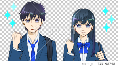 前向きな表情でリュックとスクールバッグを持つ高校生または中学生の男女のアニメ風イラスト、白バック 133198748