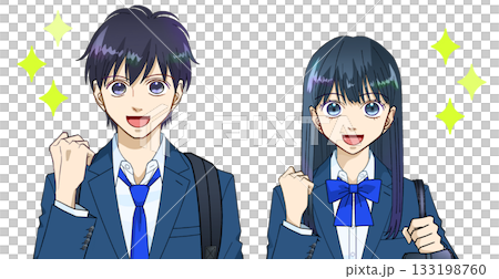 Anime-style illustration of smiling high school or junior high school students with backpacks and school bags, white background Anime-style illustration of smiling high school or junior high school students with backpacks and school bags, white background 133198760