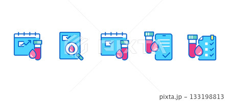 Blood Test Schedule Icons Set. Minimal Linear Vector Illustrations Featuring Blood Test Calendar, Blood Drop, and Tube for Health Check, Laboratory Analysis, and Medical Blood Test Planning. Blood Test Schedule Icons Set. Minimal Linear Vector Illustrations Featuring Blood Test Calendar, Blood Drop, and Tube for Health Check, Laboratory Analysis, and Medical Blood Test Planning. 133198813