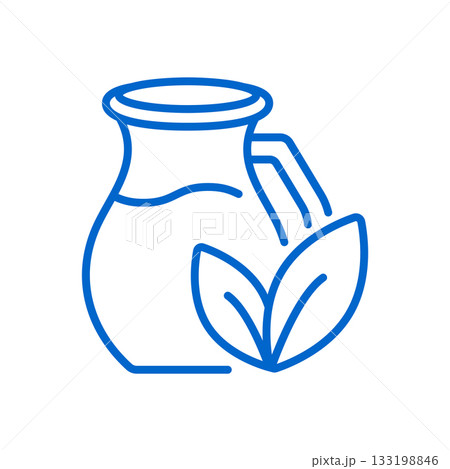 Plant Based Milk Icon. Thin Line Illustration of Dairy Jug with Leaf Symbol Representing Vegan Drink, Non-Dairy Alternative, and Eco Friendly Product. 133198846